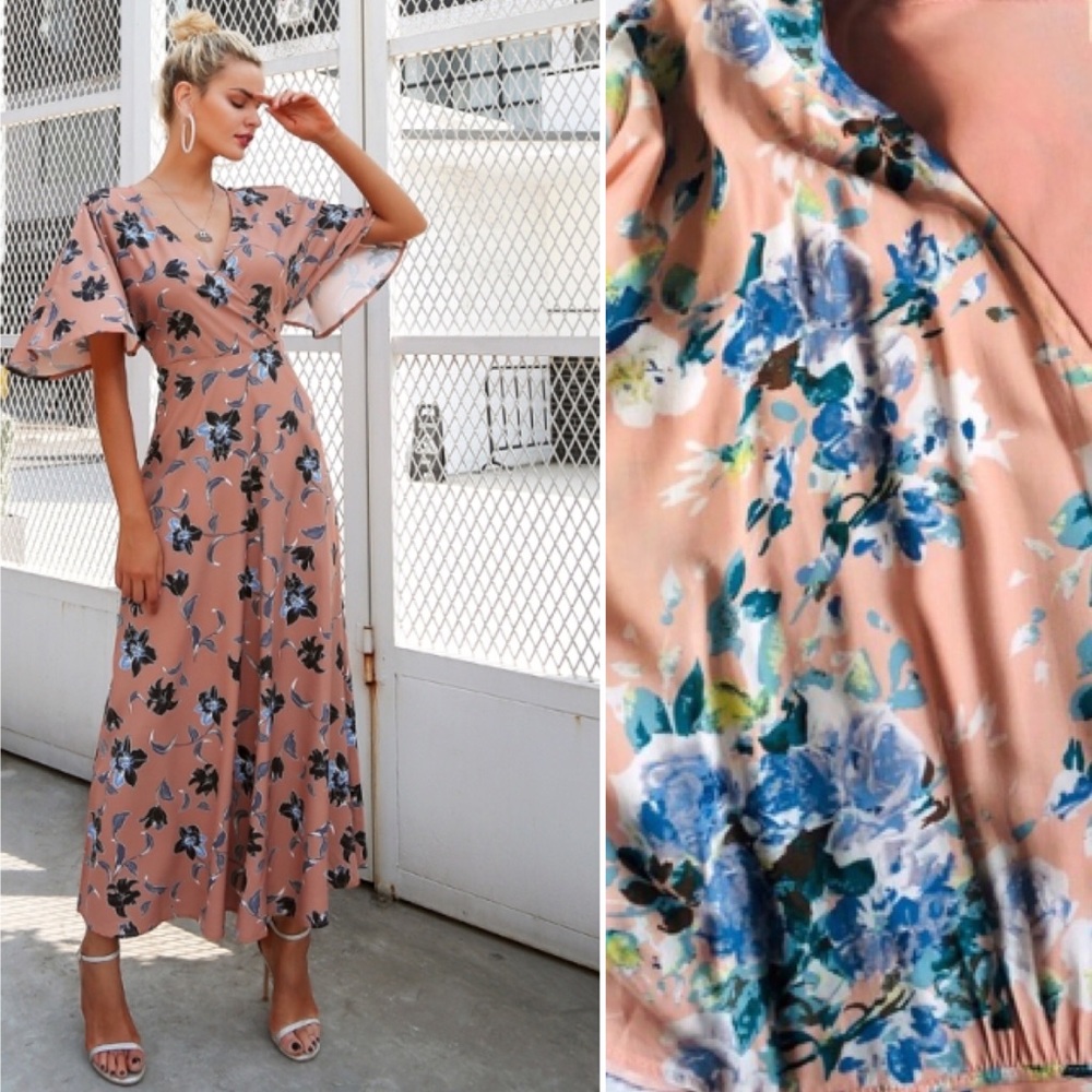 Entro Floral Flutter Sleeves Maxi Full Wrap Dress